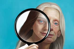 An older woman with white hair holds a magnifying glass up to her face, showing a younger woman with brown hair. How we view ageing can change how we age ourselves