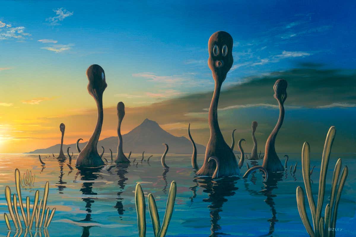 Illustration of life forms on a hypothetical planet with a slightly lower mass than the Earth. It has shallow seas and extreme tides due to its large moon (thin crescent at left). The vegetation is translucent which allows the light to shine through, so it seems to be glowing, due to it being backlit in this image.