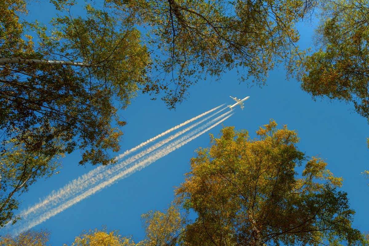 Airplane and condensation trail in the sky over the autumn grove; Shutterstock ID 2085401032; purchase_order: -; job: -; client: -; other: -